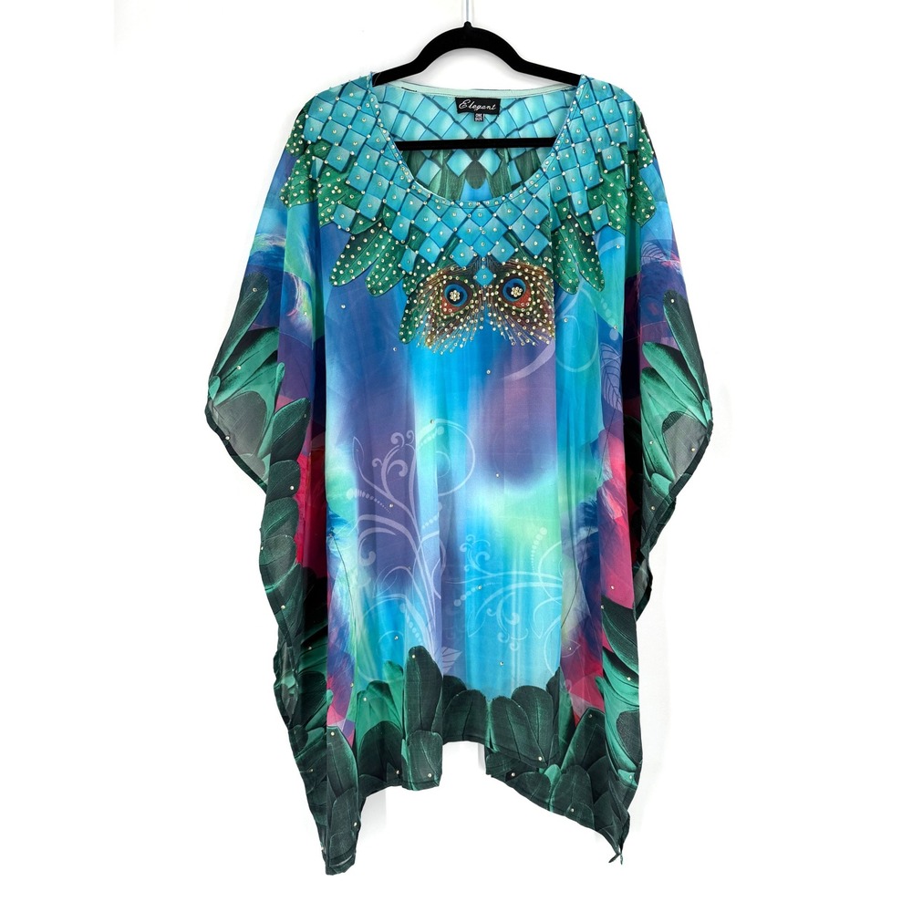 Elegant Kaftan Top Womens One Size Blue Peacock‎ Rhinestone Whimsigoth Fairycore